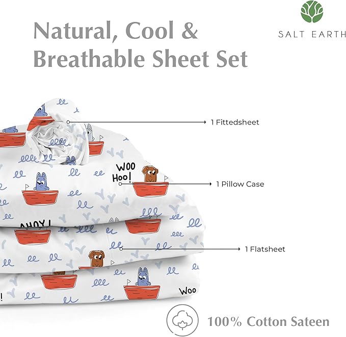 Salt Earth 100% Cotton 210TC Kids Bedsheet, Twin Sheets Set for Toddler Bed, 3 Piece Bedding Set Including Flat Sheet, Fitted Sheet, and Pillowcase, Themed Cute Sheets for a Playful Kids Bed (Ahoy)