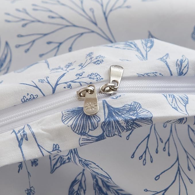 VM VOUGEMARKET Duvet Cover Full 3 PCS Blue Floral Bedding Set Botanical Printed on White Duvet Cover Soft Cotton Comforter Cover with Zipper Closure 4 Ties for Teen Girls-80x90 Inch