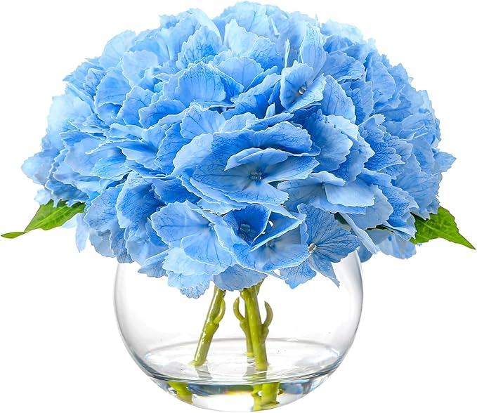 Artificial Hydrangea with Fake Water in Vase, Real Touch Faux Flowers, Silk Fake Hydrangea Flower Arrangement with Faux Water for Home Office Bathroom Wedding Table Centerpiece Decor(Blue)