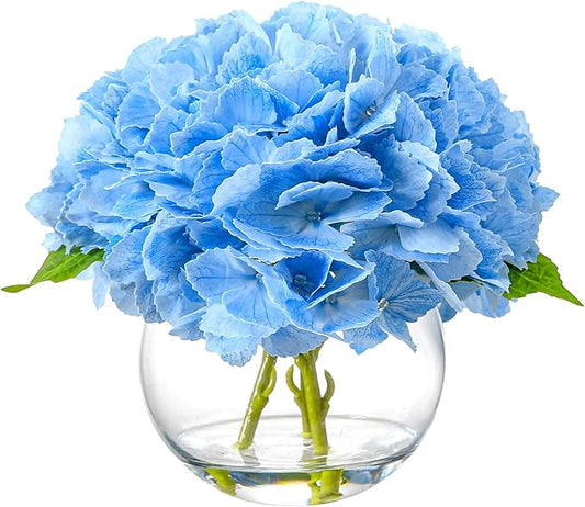 Artificial Hydrangea with Fake Water in Vase, Real Touch Faux Flowers, Silk Fake Hydrangea Flower Arrangement with Faux Water for Home Office Bathroom Wedding Table Centerpiece Decor(Blue)
