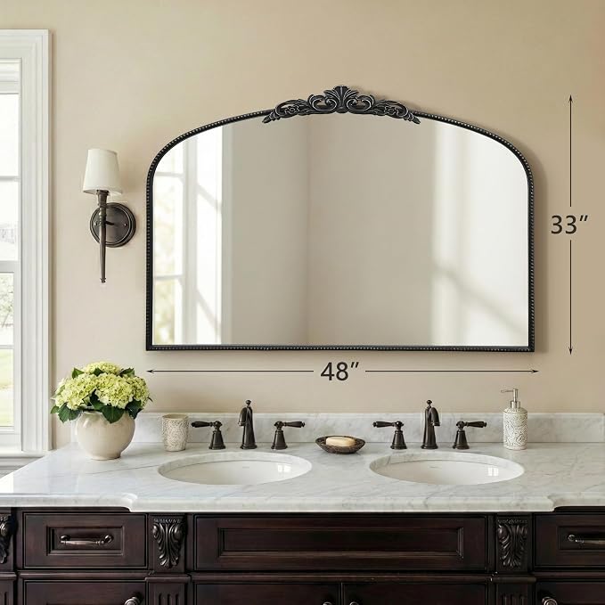 Micasso Large Vintage Black Mirror: 48"x33" French Baroque Antique Arched Mirror - Traditional Ornate Decorative for Wall/Fireplace/Mantel/Entryway/Bathroom/Hallway - Home Decor for Living Room