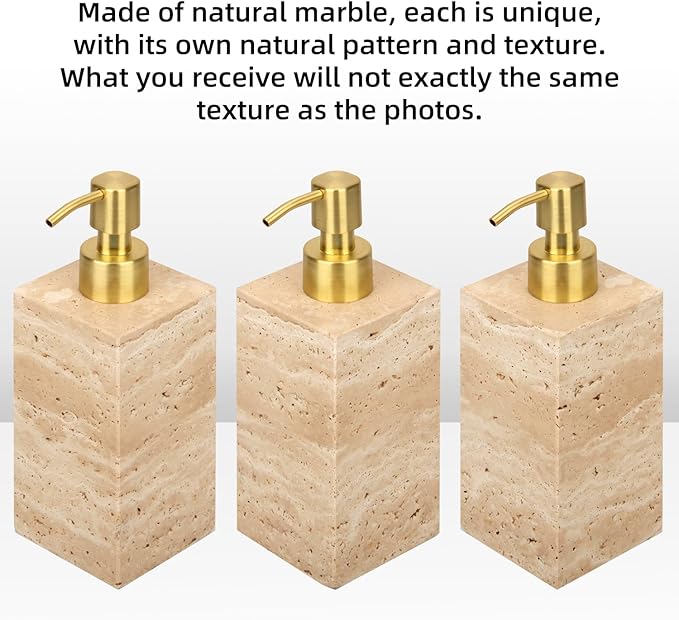 Natural Marble Soap Dispenser for Bathroom and Kitchen Countertop - 5.41 Ounces Hand Lotion and Liquid Stone Shampoo Laundry Bottle with Pump (1, Travertine, Rectangular Bottle)