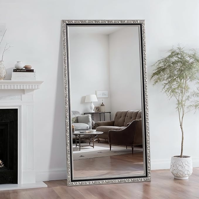 Vintage Large Decorative Mirror for Wall, 52'' x 28'' Antiuqe Dining Room Mirrors with Black Silver Carved Frame, Traditional Solid Wooden Mirror, Horizontal/Vertical