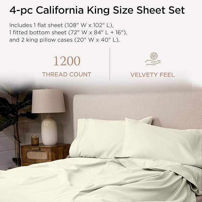 Threadmill 100% Supima Cotton Sheets, 1200 Thread Count Cotton for Cal King Size Bed, 4 Pc Ivory Cal King Bed Sheets Set, 5-Star Hotel Quality with Elasticized Deep Pocket King Sheets