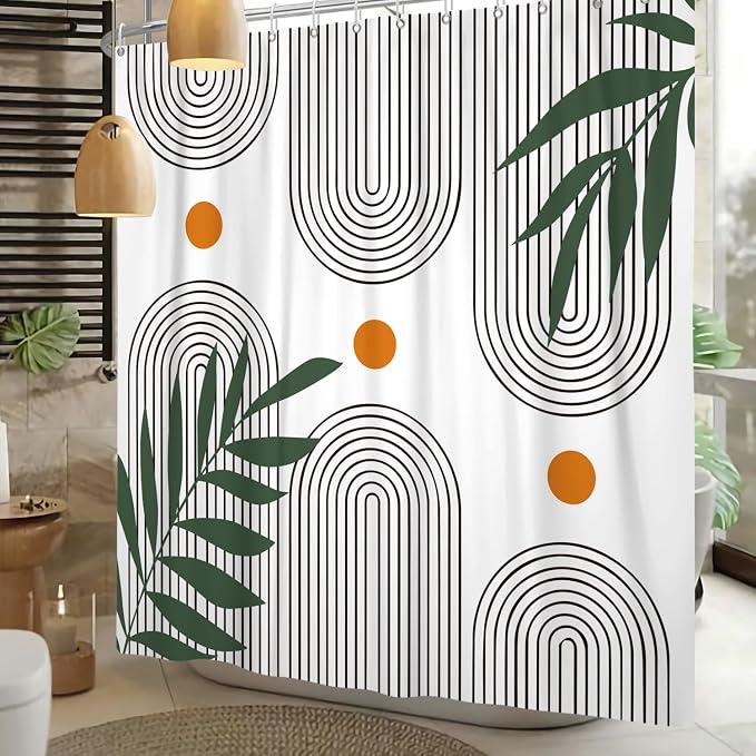 Boho Mid Century Shower Curtain Bohemian Minimalist Geometric Arch Sun Bathroom Curtain Sage Green Plant Polyester Shower Curtain Sets for Bathroom Extra Long 72x84 in with 12 Hooks