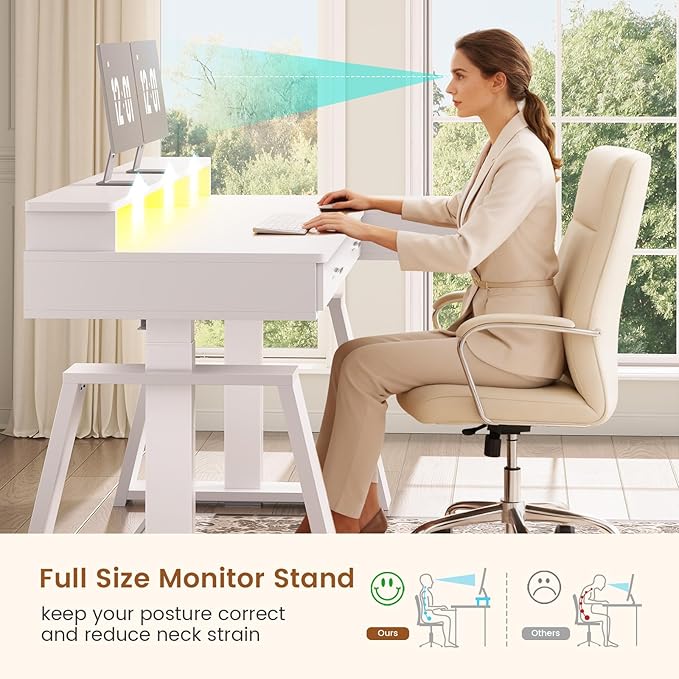 SEDETA 59 Inch L Shaped Electric Standing Desk with Drawers, Executive Adjustable Desk with Power Outlets, Monitor Stand, Sit Stand Computer Table for Home Office, White
