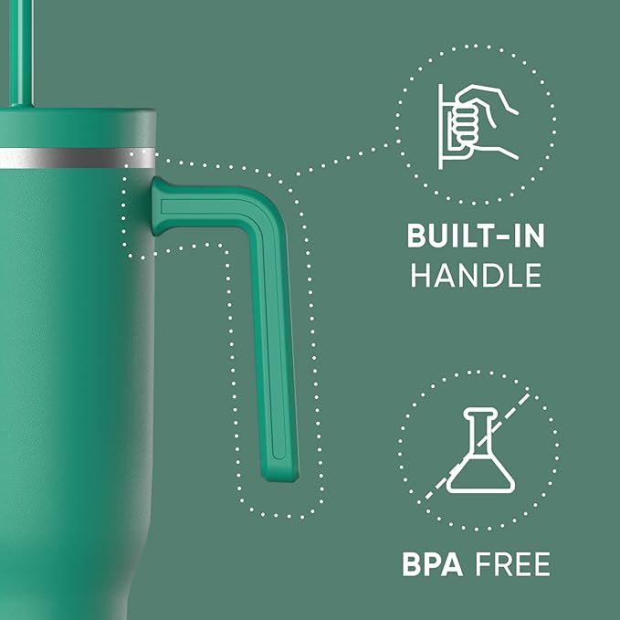Hydrapeak Voyager 40 Oz Stainless Steel Tumbler with Handle, Insulated Water Bottle With Straw & Lid, Cupholder Friendly Reusable Travel Mug (Kelly Green)