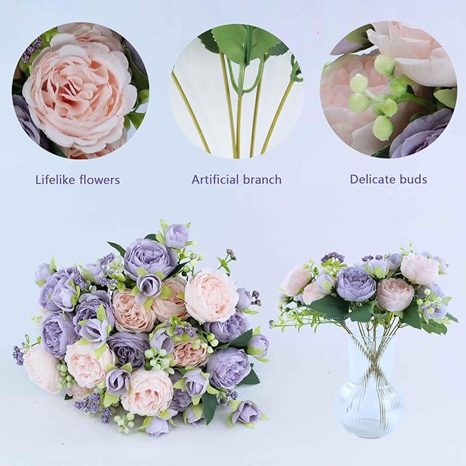8 Bundles Peonies Artificial Flowers Silk Peonies Faux Flowers Fake Peonies Artificial Flowers Peonies Bouquet for Table Centerpieces Decoration Wedding Decor Home Party Decor (Pink and Purple)
