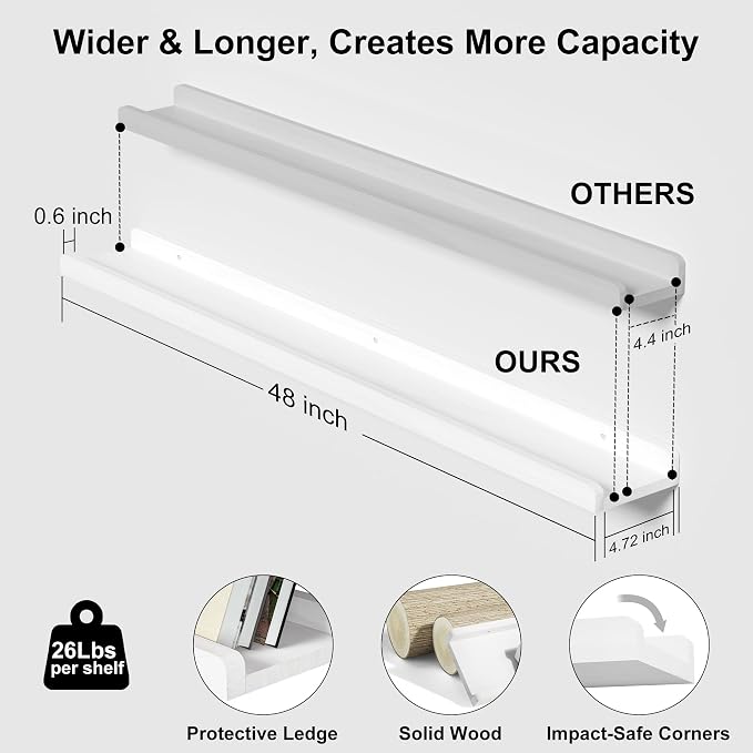 Love-KANKEI 48 Inch Long Floating Shelves Wall Mounted Set of 2, Large Wood Wall Shelves for Storage, Rustic Hanging Shelves for Display,Bedroom Living Room Bathroom Kitchen Office White