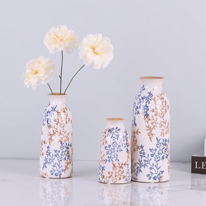 Ceramic Vase Set of 3, Blue and Beige Vintage Floral Glazed Vases for Home Decor, French Country Rustic Farmhouse Style Flower Vases, Grandmillennial Table Centerpiece for Living Room or Kitchen