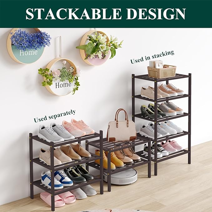 Smiry Small Bamboo Shoe Rack 4-Tier, Stackable Wooden Shoe Organizer for Entryway & Closet, Free Standing Wood Shoe Storage Shelf for Front Door & Small Spaces, Brown