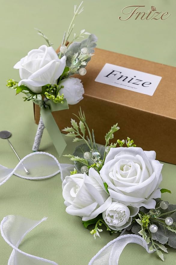 Fnize White Wrist Corsage and Boutonniere Set for Bride Groom Bridesmaids Groomsmen Wedding Homecoming Flowers Prom Suit Accessories, Rose Boutonniere and Corsage Wristlet Flower