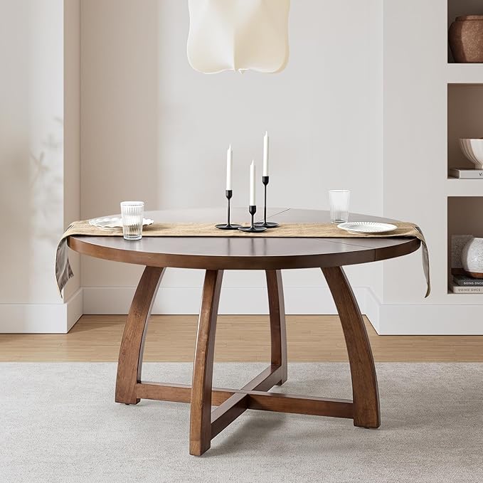 HULALA HOME 54 inch Round Dining Table for 6 People，Rustic Farmhouse Solid Wood Circle Dinner Tables for Small Spaces Dining Room Living Room Kitchen, Walnut