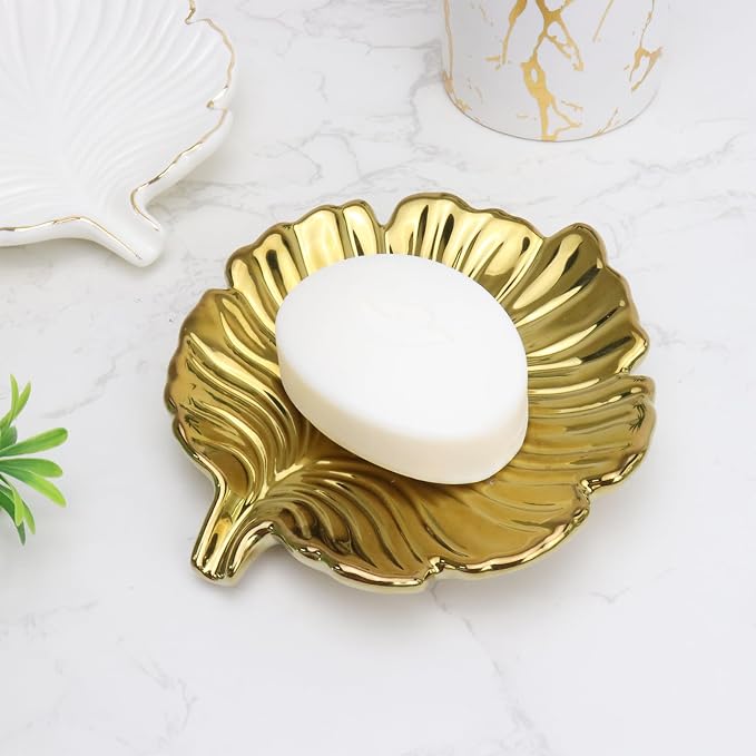 Gold Leaf Bathroom Soap Dish,Ceramic Soap Dish Holder in Palm Leaf Style,Self Draining Design and Used to Hold Various Small Bathroom and Kitchen Accessories