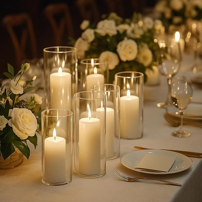 24 PCS White Pillar Candles (2''X3,4,6) and Glass Cylinder Vases(2.6''X5,6,8),Hurricane Candles,Perfectly Sized for use as a Centerpiece Candle Decoration on Wedding Tables!