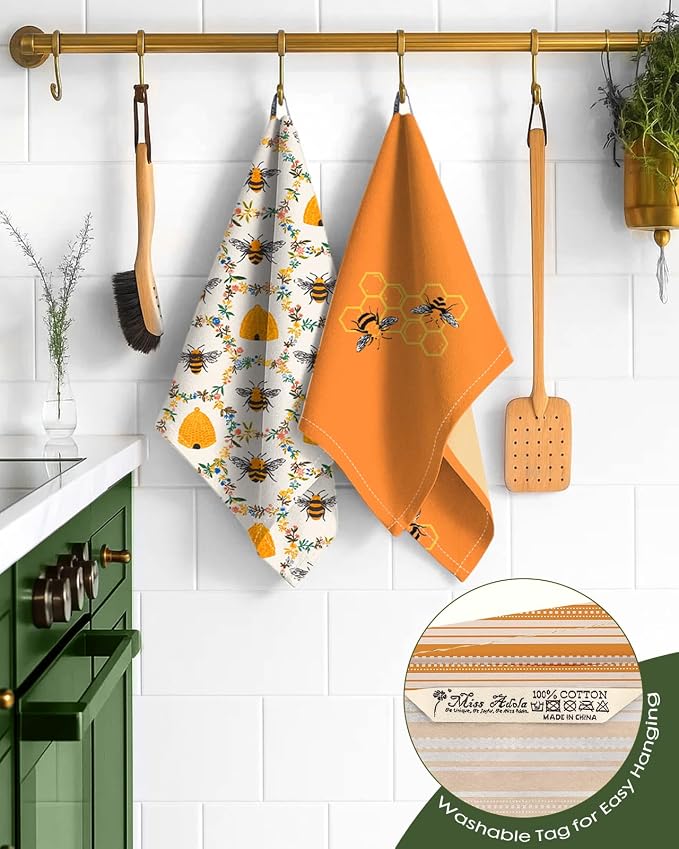 Miss Adola 2 Pack Flour Sack Kitchen Towels - 16x26 Inch Cotton Dish Towels with Hanging Loop Reusable Geometric Boho Modern Retro Tea Towel Absorbent Dishcloths Home Decor, Orange Bee