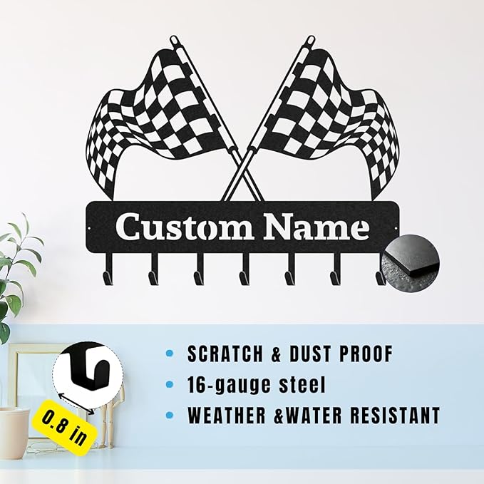 Personalized Racing Flags Key Holder, Custom Metal Checkered Flag Key Hooks with Name, Large Black Metal Wall Hooks Rack, Custom Jacket Organizer for Garage, Hallway, Entryway, Gifts for Men(8in)