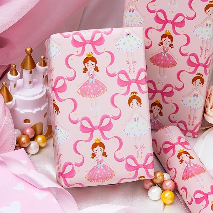 Homeral Pink Ballerina Wrapping Paper Roll - Ballet Princess with Bowknots & Heart Pattern, Reversible Gift Wrap for Girls Birthday, Baby Shower, Bridal Shower, Party - Mini Roll - 17 Inch x 16.5 Feet
