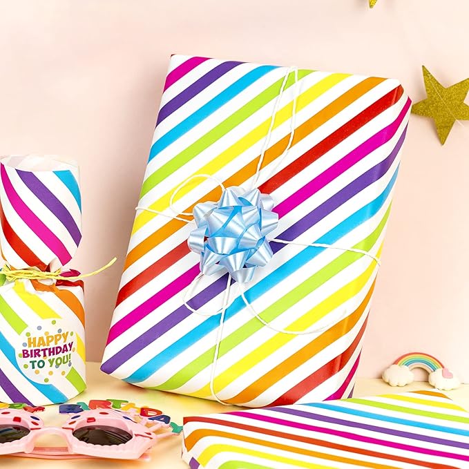 WRAPAHOLIC 30 Inch Birthday Wrapping Paper Roll - Jumbo Colorful Stripe Design for Birthday, Holiday, Party, Baby Shower - 30 Inch x 33 Feet
