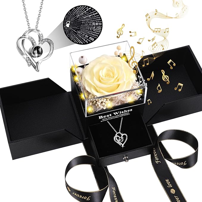 Preserved Real Rose Gift with “I Love You” 100 Languages Necklace and Music, Eternal Flower for Women Girlfriend Wife Mom Grandma, Romantic Anniversary Birthday Gift for Women
