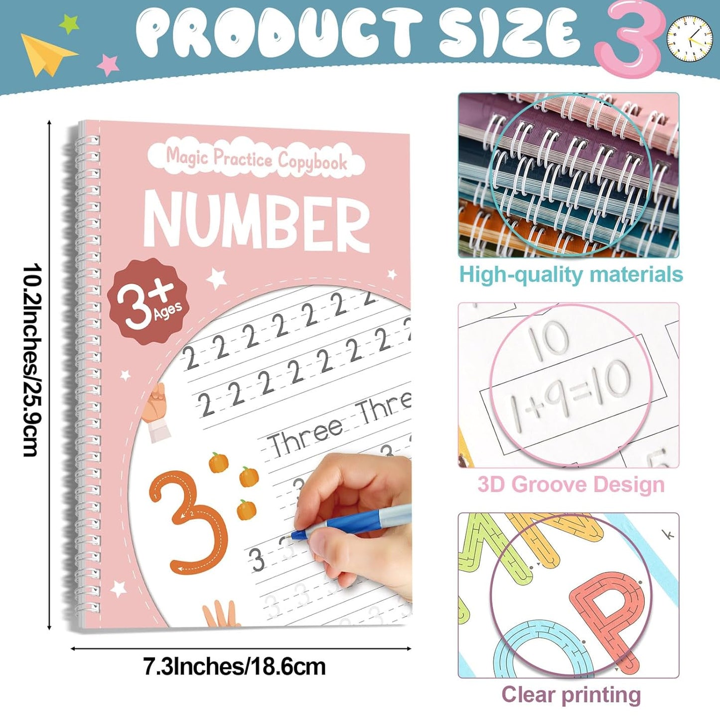 Skiennix Magic Grooved Writing Practice Copybook - 6 Pieces with Disappearing Ink Pens | Reusable Handwriting Workbook for Kids