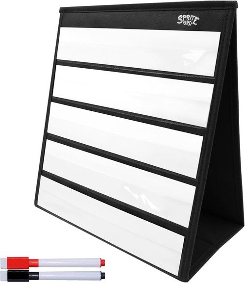Black Tabletop Pocket Chart - Double-Sided Self-Standing Design with 20 Dry Erase Cards | 13” X 12”
