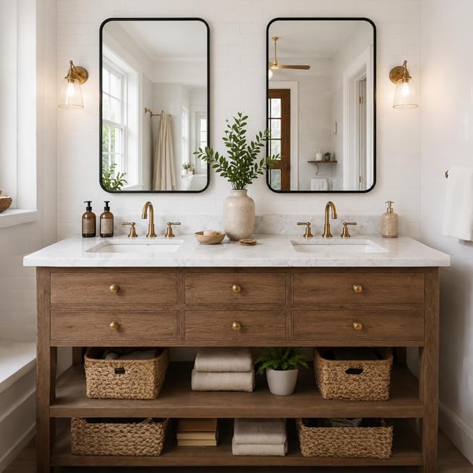 USHOWER 2-Pack Black Bathroom Mirrors for Over Sink 24 x 36 Inch, Metal Frame Rectangle Wall Mirror, Modern Farmhouse Vanity Mirror, Wall Mounted