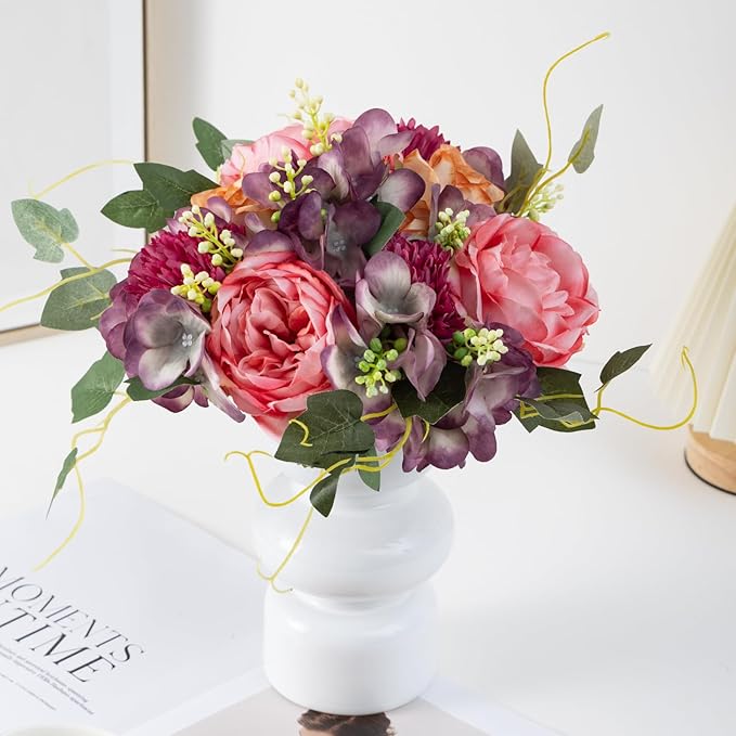 ASTRYAS 2Pcs Peonies Artificial Flowers Faux Peonies Fake Roses Bouquet Floral Arrangement for Spring Summer Centerpiece Table Wedding Party Home Decor, Purple Pink