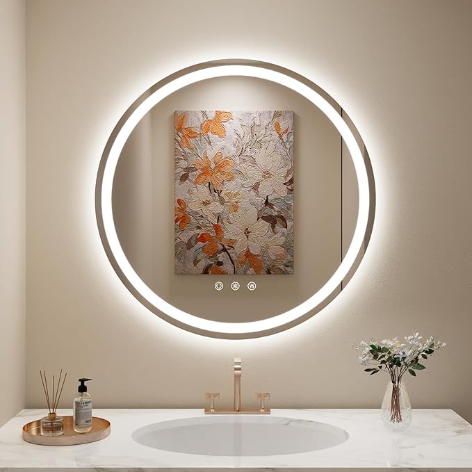 LOVESPEJO 30" Round LED Bathroom Mirror with Lights, Circle LED Mirror for Bathroom, Fogless, Dimmable, 3 Colors Changing, IP54, Shatter-Proof