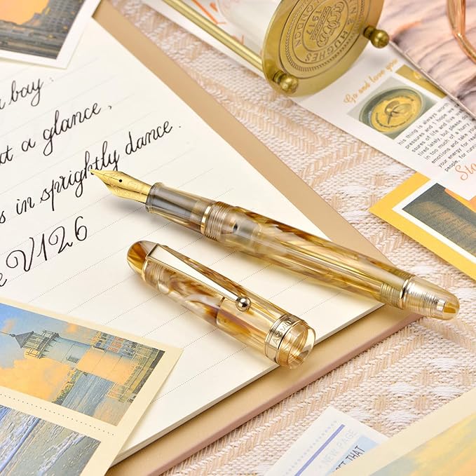 Asvine V126 Vacuum Filling Fountain Pen, Brown Swirl Acrylic Stub Nib 1.1mm Calligraphy Art Drawing with Case Set