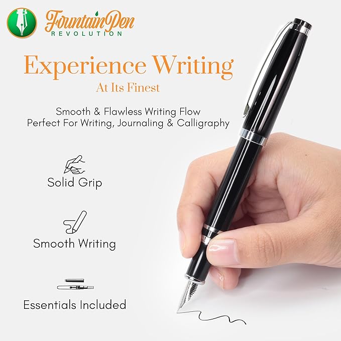 FPR Ambassador Ultra Flex Nib Fountain Pen Set, Black - Refillable Pen w/Cartridges & Converter - Calligraphy Pens for Writing, Journaling & Gifting - Luxury Pens For Smooth Strokes