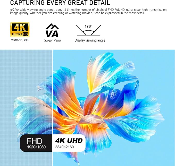 Gawfolk 32 Inch 4K UHD Computer Monitor, Ultra-Clear (3840×2160p) Screen, 100% sRGB,178° Viewing Angle, Display Port、HDMI, Compatible with Wall mounting 100 * 100MM - Black