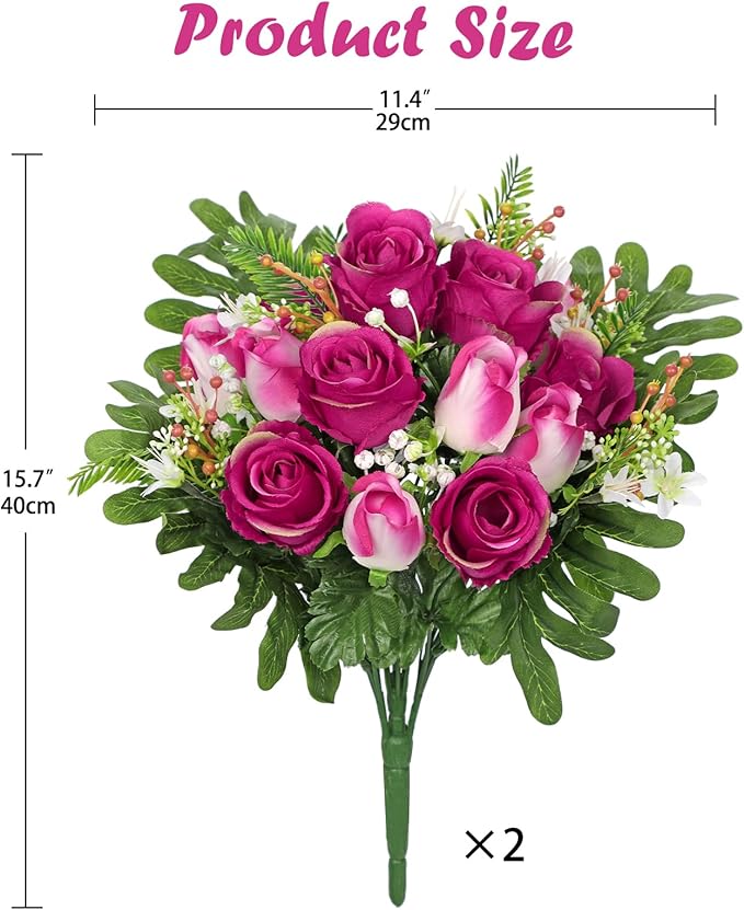 Hollyone Set of 2 Artificial Cemetery Flower for Graves Red Rose Cemetery Memorial Flowers for Outdoor Grave Decorations Silk Flower Arrangements Floral Flowers Bouquets