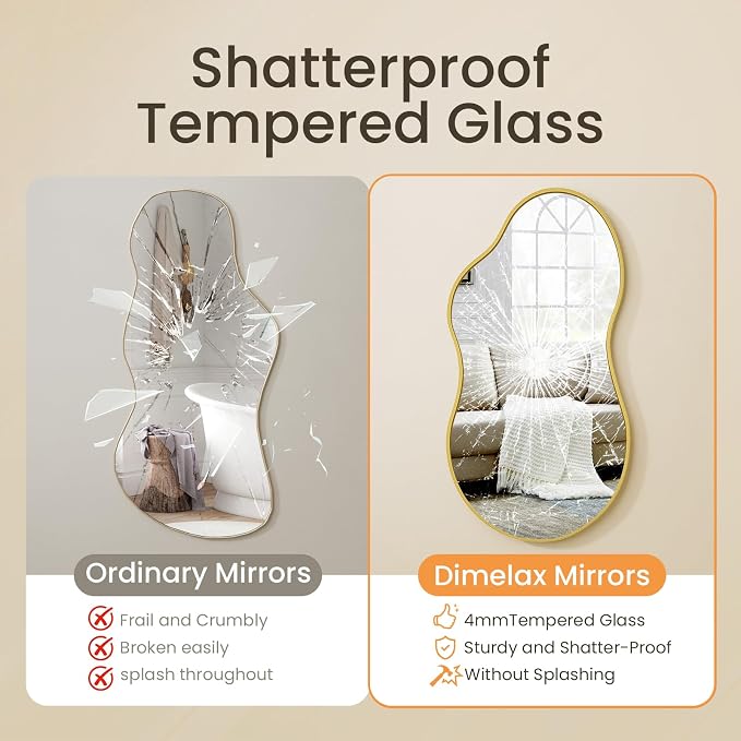 20”x 36” Gold Irregular Wall Mirror, Bathroom Asymmetrical Mirror, Metal Framed, Tempered Glass, Decorative Mirrors for Bathroom Bedroom Living Room Entryway (Horizontal/Vertical)