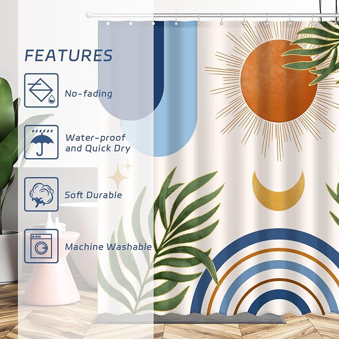 JWXCBIM Boho Mid Century Shower Curtain, Bohemian Blue Minimalist Simple Aesthetic Modern Bathroom Decor, Colorful Rainbow Sun Moon Natural Botanical Leaves Fabric Cloth Bath Curtain 72x72 Inches