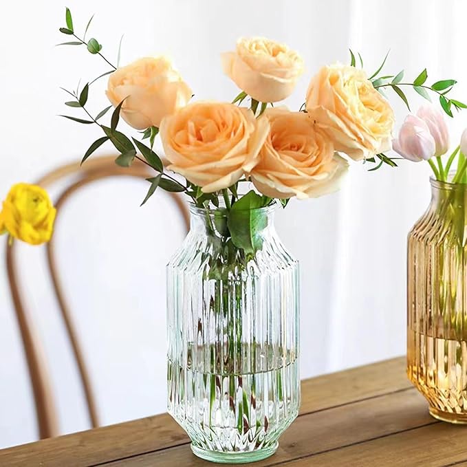 Flower Vase,Glass Vase,9.2 inch,Vintage Clear Ribbed Glass Vase for Home Decor,Bookshelf,Dinner Table,Indoor Office Desktop,Meeting Room,Home Christmas Day Decoration