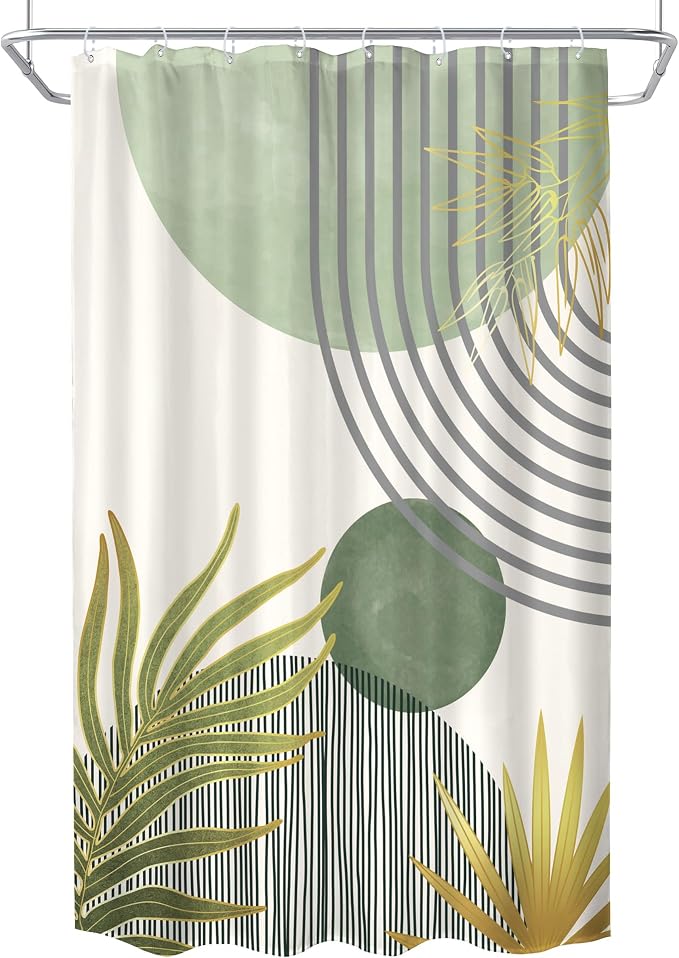 KOMLLEX Mid Century Mint Green Boho Shower Curtain for Bathroom Decor 48Wx72H Inches Abstract Modern Botanical Minimalist Arch Plant Chic Neutral Fabric Waterproof Polyester 8 Pack Hooks Pack Hooks