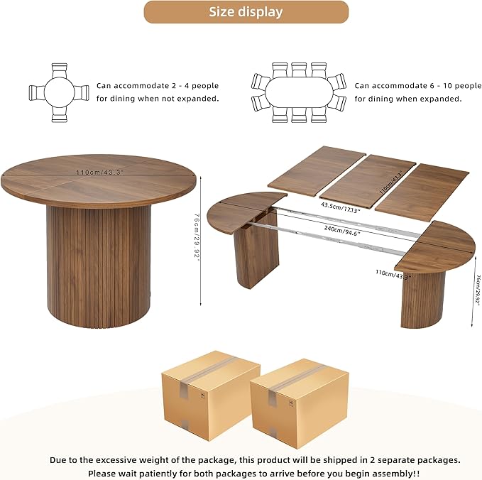 43-95 inch Long Round Extendable Dining Table for 4-10, Space Saving Oval Large Dinner Kitchen Table with 3 Leaf, 2 Storage, Fluted Mid Century Modern Dining Room Table for Living Room, Brown