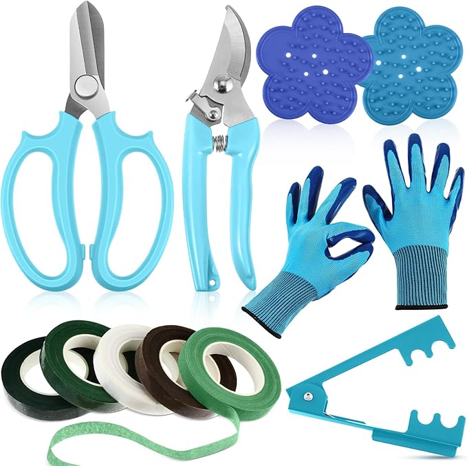 WILLBOND Floral Arrangement Kit, Christmas Rose Thorn Stripper Tool Garden Pruning Shears Scissors Rose Thorn Remover Pruner Trimmer Gloves Tapes Florist Garden Tool Gift Kit for Women(Blue)