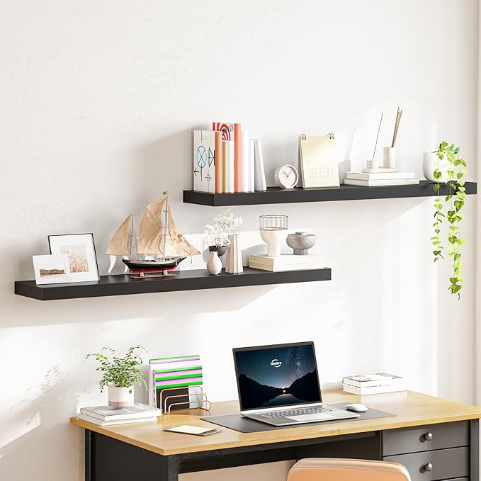 HOOBRO Floating Shelves for Wall, Wall Mounted Shelf Set of 2, 47.2" Hanging Shelf with Invisible Brackets, for Wall Decor Storage in Bathroom Bedroom Kitchen Living Room Office, Black BK120BJP201