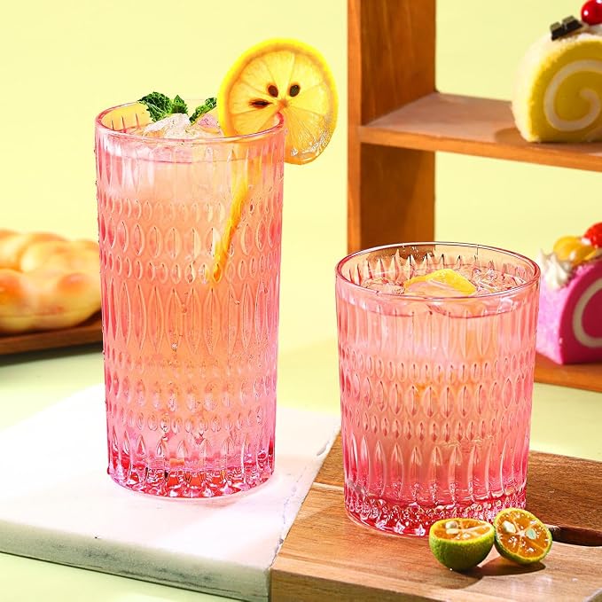 Loivttvv Glassware Drinking Glasses Set of 8, 14 oz Highball Glasses & 10 oz Ribbed Glass Cups, Vintage Glassware for Water, Juice, Cocktail, Whiskey (Pink)