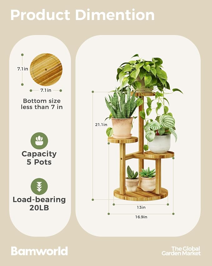 Bamworld 3 Tier Plant Stand Indoor, Corner Wood Plant Shelf for Multiple Plants, Small Tiered Round Flower Stand for Patio Garden Balcony Living Room Bedroom, Black