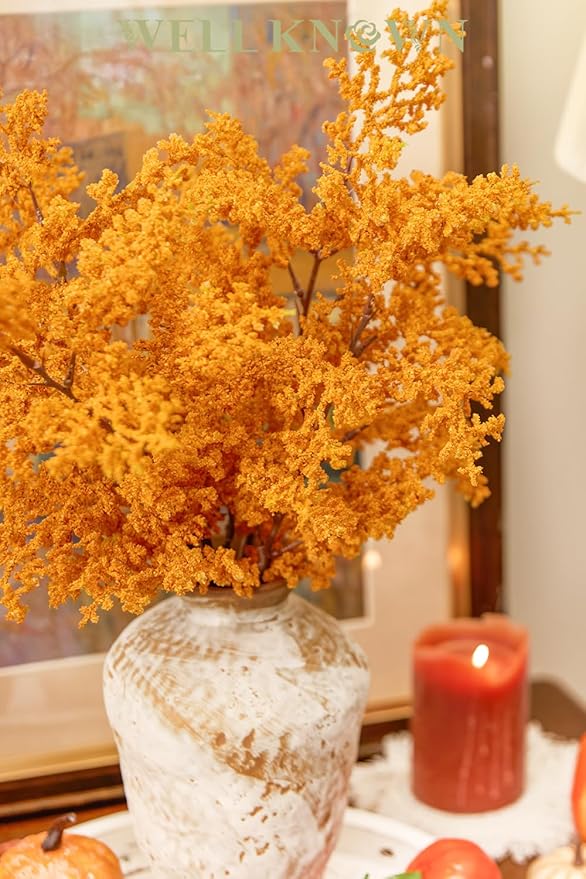WELL KNOWN 4 Pcs Glitter Artificial Cedar Spray 19.5" Orange Floral Picks Faux Cedar Pine Branches Stems, Orange Floral Arrangements for Home Vase Wedding Wreath Xmas Tree Holiday Decoration Gift