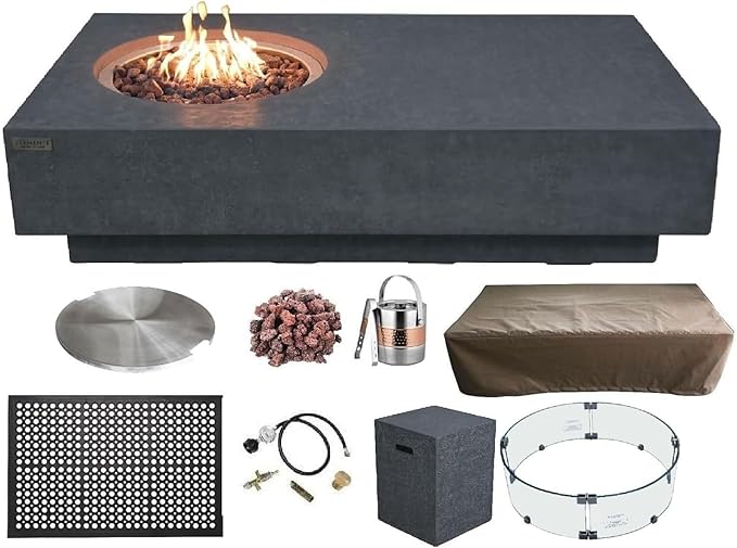 Elementi | Bundle Metropolis Gas Fire Pit Cast Concrete 56" Rectangular Fire Table, Outdoor Fire Pit Electronic Ignition | Canvas Cover, Lava Rock Included | Dark Gray (Propane Gas)