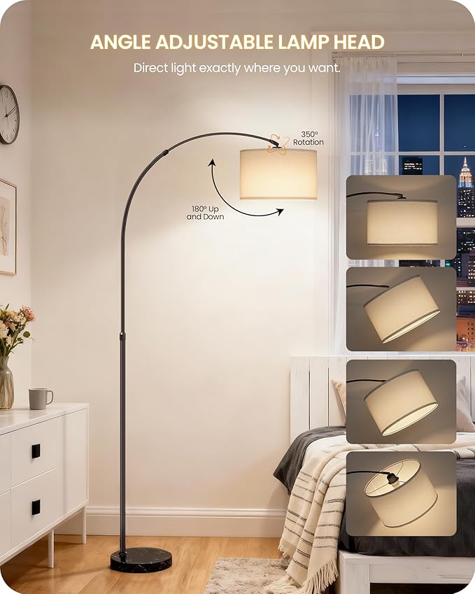 75" Arc Floor Lamp with Marble Base and Adjustable Height, Rotating Hanging Shade, Dimmable Floor Lamp for Living Room with Remote and Foot Switch, 3CCT, Over Couch Arched Light, White Shade W15LD05