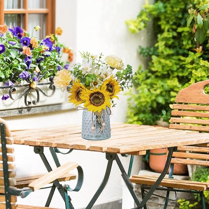 Artificial Flowers with Glass Vase, Fake Flower Bouquet Faux Sunflower in Vases for Home Dcor Flowers Modern Home Decor Table Decorative Flower Vase for Dinner Office Bedroom, Yellow