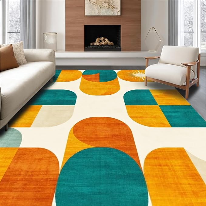 Flatwoven High Traffic Area Rug 4x6, Mid Century Modern Geometric Shapes with Retro Atomic Motifs, Non Slip, Stain Resistant, Washable Area Rugs for Living Room, Bedroom (Yellow, 4x6)