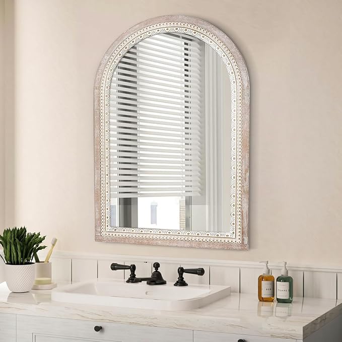 24 * 32 inch Arched Wall Mounted Mirror, Wood Decorative Mirrors, Boho Mirrors with Beaded Frame, Rustic Vanity Mirror, Distressed Mirror for Bathroom, Living Room, Bedroom, Entryway