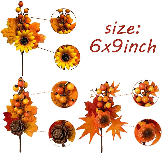 12 Pack Fall Stems Artificial Berry Picks Fall Picks with Pine Cone Sunflowers Pumpkin Maple Leaves Branches Decorations for Harvest Autumn Thanksgiving Day Wreaths Indoor Outdoor Home Decor