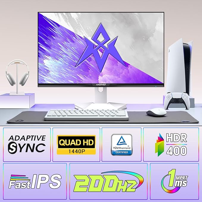 Amzfast 27 inch 1440P 200Hz/180Hz White Gaming Monitor, 2K QHD (2560 ×1440),MPRT 1ms Fast IPS | HDR400 & TÜV Rheinland Eye Care & 12 Months Exchange (HDMI & DP Cable)